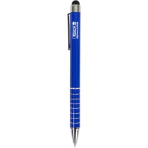 A blue stylus pen with a silver grip and a logo on the barrel. It features a pen tip and a touchscreen stylus.