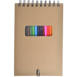 A spiral-bound notebook with a kraft cover revealing colourful markers through a rectangular window.