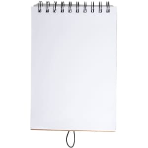 A spiral-bound blank notepad with a white cover and pages, featuring a black binding.