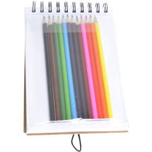 A sketch pad with a clear cover, featuring ten coloured pencils in various shades, including pink, green, and yellow.