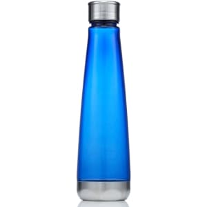 A drink bottle made of blue Tritan with a silver cap and a sleek, tapered design, featuring a logo.