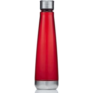 A drink bottle made of red Tritan material with a silver metallic cap and a sleek, tapered design.