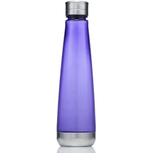 A drink bottle in purple with a silver cap and base, featuring a sleek design and a branded logo.