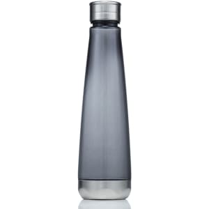 A drink bottle made of grey Tritan, featuring a stainless steel lid and base, with a sleek design.