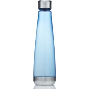 A drink bottle in a sleek, tapered design, featuring a blue Tritan body and a stainless steel lid.