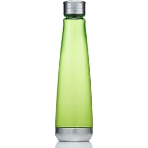 A drink bottle in a translucent green colour with a metallic silver cap and base, featuring a logo.
