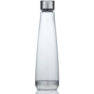 A drink bottle made of clear Tritan, with a stainless steel lid and a sleek, tapered design.