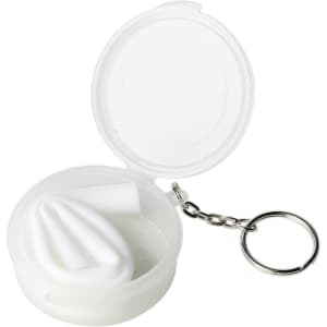 A white reusable silicone straw inside a clear container with a keychain attachment.