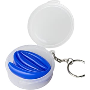 A blue reusable silicone straw in a transparent case with a keychain attachment.