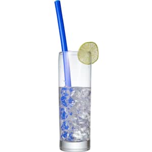 A drink bottle filled with ice and a blue reusable silicone straw, garnished with a slice of lime.