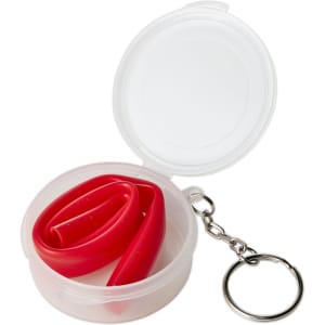 A red reusable silicone straw coiled inside a clear plastic case with a keyring attachment.