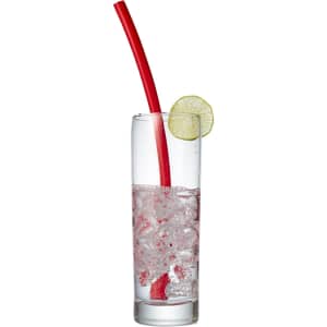 A drink bottle filled with ice and clear liquid, featuring a red reusable silicone straw and a lime slice garnish.
