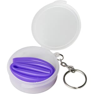 A purple reusable silicone straw folded inside a transparent case with a keyring attachment.