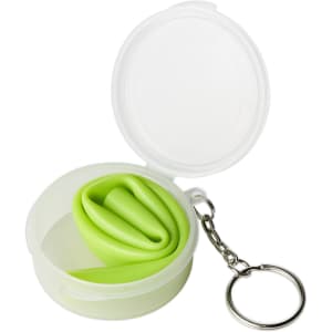 A green reusable silicone straw stored in a clear casing with a keychain attachment.