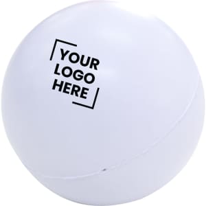 A white massage ball featuring a logo, designed for stress relief and promotional use.