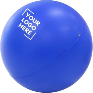 A blue massage ball with a logo feature, designed for stress relief and relaxation.