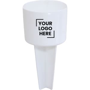A white Sand Spike with a cylindrical top and a pointed base, featuring space for branding.