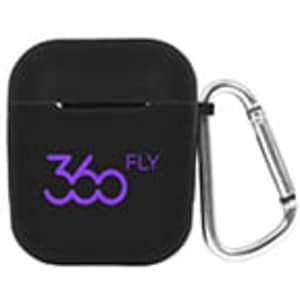 A black earbuds case with a carabiner, featuring a purple logo.