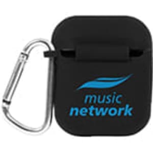A black earbuds case with a carabiner and a logo in blue.