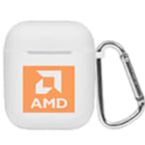 A white charging case for earbuds with an orange logo and a silver carabiner attached.