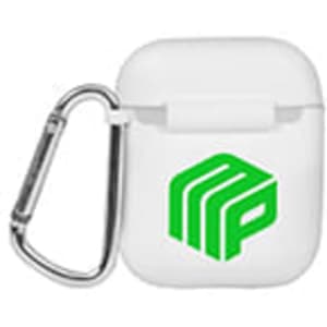 A white earbud case with a green logo and a silver carabiner attached.