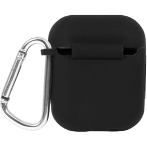 A black earbud case with a carabiner attached for easy carrying. It has a sleek, minimalist design.