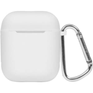 A white earbud case with a silver carabiner attached, featuring a sleek and compact design.