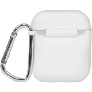 A white earbud case with a silver carabiner attached. The case is smooth and round-edged.