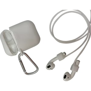 A pair of white earbuds alongside a white charging case with a silver carabiner.