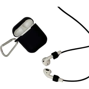 A set of white earbuds with a black carrying case and a metal clip for attachment. The earbuds are wired.