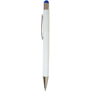 A white stylus pen with a blue top and a silver clip, featuring a logo on its body.