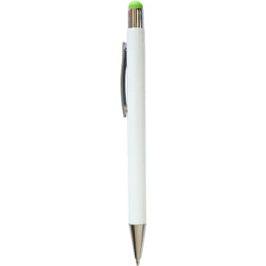 A white stylus pen with a green tip and a silver clip, featuring branding on the barrel.