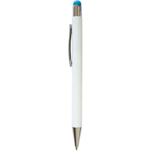 A white stylus pen with a blue top and silver accents. Features a clip and branding on the body.