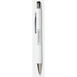 A white stylus pen featuring a sleek design and a branding logo. Ideal for writing and touchscreen use.