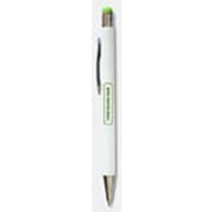A white stylus pen featuring a green accent, with a logo on its side.