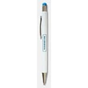 A white stylus pen with a blue top and a clip, featuring a logo on the barrel.