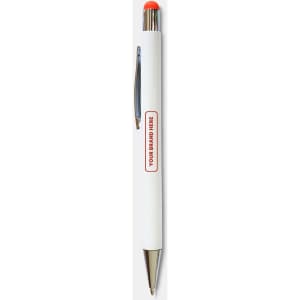 A white stylus pen with a chrome clip and an orange tip, featuring a branded section.