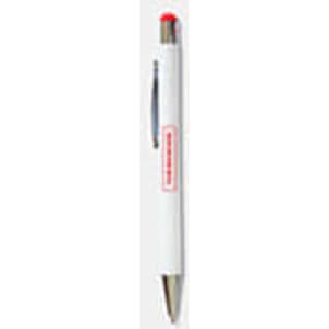 A white stylus pen with a red top and a sleek metallic clip, featuring a logo on the barrel.