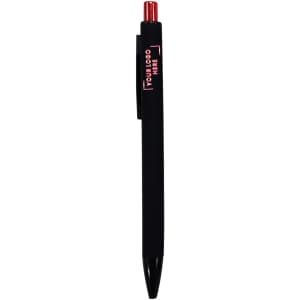 A black plastic pen with a red top and a logo on the side.