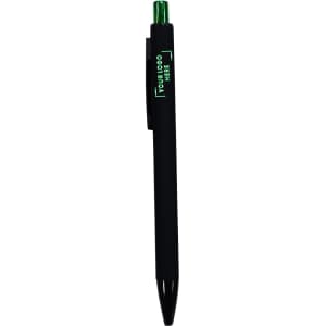A black plastic pen with a green accent and a clip, featuring a branding logo.