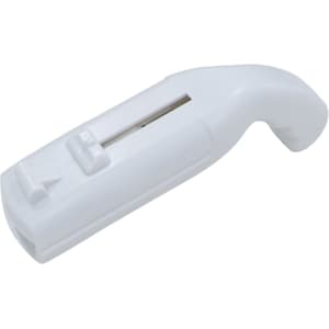 A drink bottle opener in white, featuring a sleek, curved design and a small branding logo.