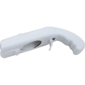 A drink bottle opener shaped like a cap gun, featuring a white plastic design with a textured grip.