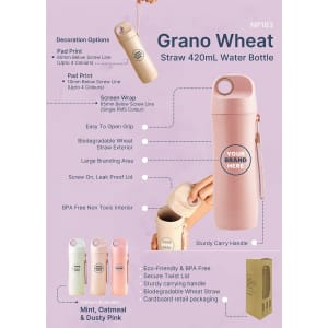 A drink bottle made from biodegradable wheat straw, available in pink and featuring a sturdy carrying handle.