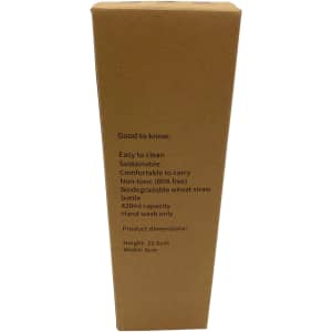 A drink bottle made from biodegradable wheat straw, featuring a cylindrical shape and a natural brown colour. It has a logo.