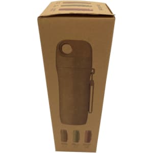 A drink bottle made of wheat straw, presented in eco-friendly packaging; features a logo and is available in multiple colours.