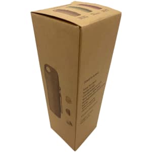 A packaging box for a wheat straw water bottle, featuring a brown colour and a side view with various button details.