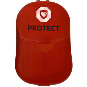 A red protective case featuring a logo on the front and a clasp closure.