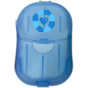 A blue plastic container with a logo on top, featuring a rounded shape and a clasp closure.