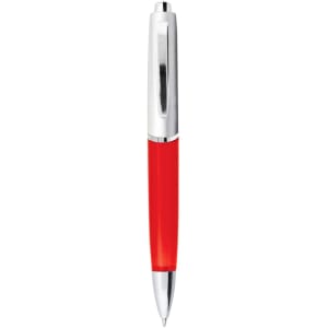 A red metal pen with a silver clip and tip, featuring a logo on the side.