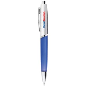 A metal pen featuring a blue barrel and silver accents, with a branding logo displayed on it.